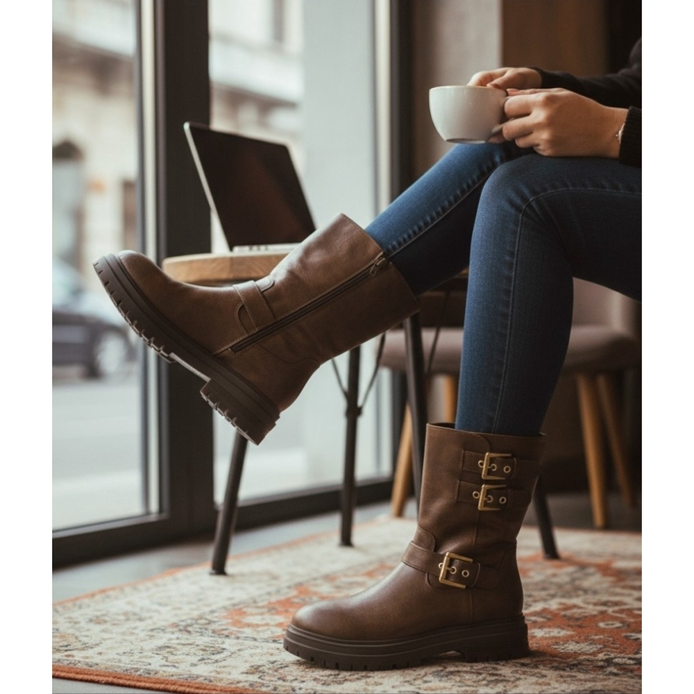 Sun + Stone Onnyx Lug Biker Moto Zip On Buckle Boots Booties 7 M Chocolate Brown - Picture 13 of 13